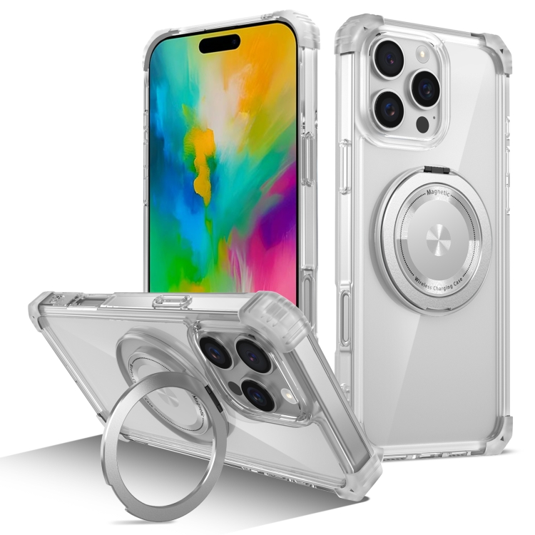 

For iPhone 16 Pro Gold Shield CD Pattern MagSafe Magnetic Phone Case with Rotating Stand(Transparent)