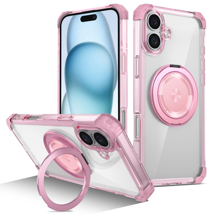 

For iPhone 16 Plus Gold Shield CD Pattern MagSafe Magnetic Phone Case with Rotating Stand(Transparent Pink)