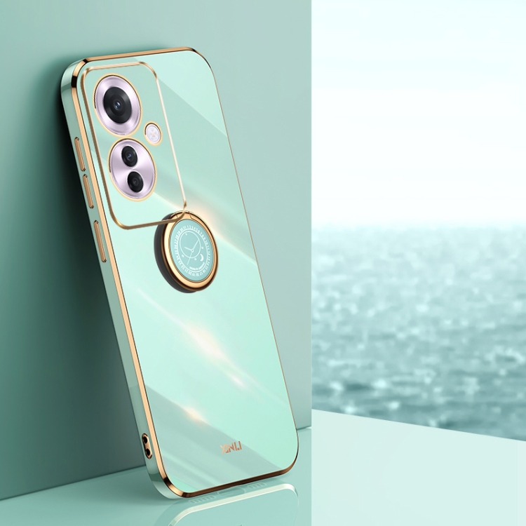 

For OPPO Reno11 F XINLI Straight Edge 6D Electroplate TPU Phone Case with Ring Holder(Mint Green)