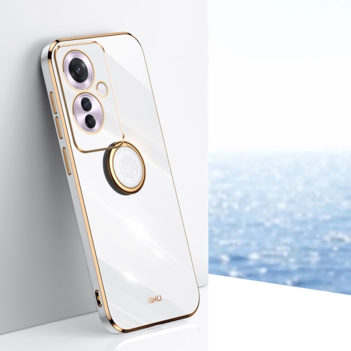 

For OPPO Reno11 F XINLI Straight 6D Plating Gold Edge TPU Shockproof Case with Ring Holder(White)