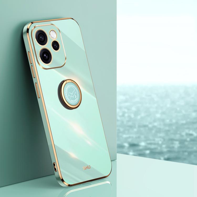 

For OPPO Reno15 F 5G Global XINLI Straight Edge 6D Electroplate TPU Phone Case with Ring Holder(Mint Green)