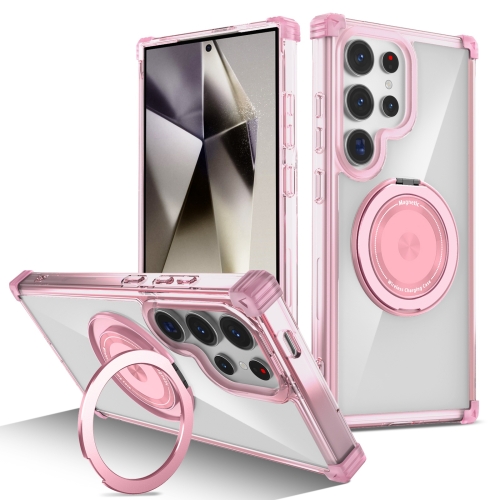 

For Samsung Galaxy S24 Ultra 5G Gold Shield CD Pattern MagSafe Magnetic Phone Case with Rotating Stand(Transparent Pink)