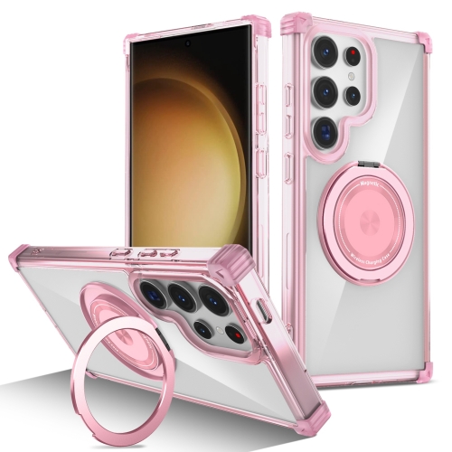 

For Samsung Galaxy S23 Ultra 5G Gold Shield CD Pattern MagSafe Magnetic Phone Case with Rotating Stand(Transparent Pink)