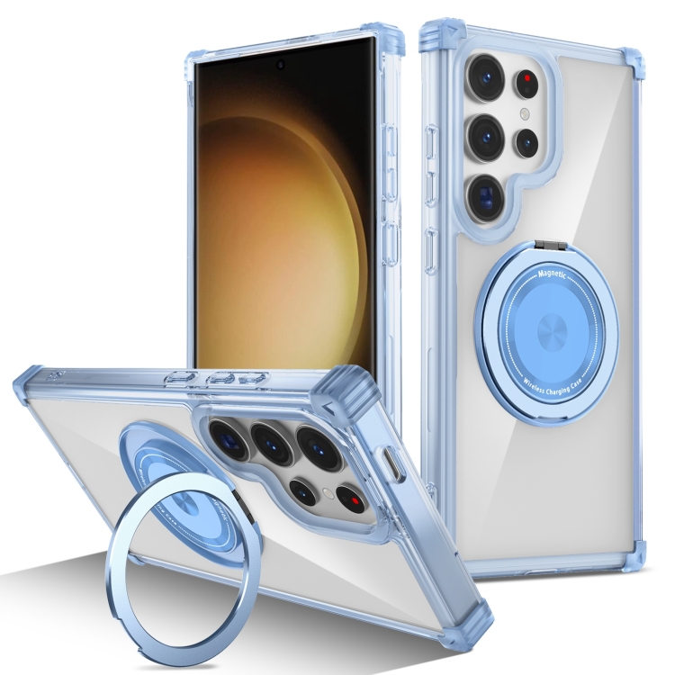 

For Samsung Galaxy S23 Ultra 5G Gold Shield CD Pattern MagSafe Magnetic Phone Case with Rotating Stand(Transparent Blue)