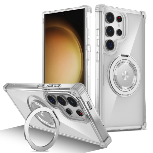 

For Samsung Galaxy S23 Ultra 5G Gold Shield CD Pattern MagSafe Magnetic Phone Case with Rotating Stand(Transparent)