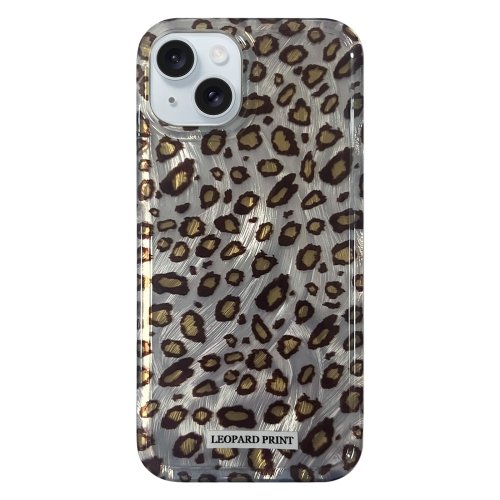 

For iPhone 15 Feather Leopard Print Pattern Double-layer Acrylic+TPU Shockproof Phone Case(Grey)