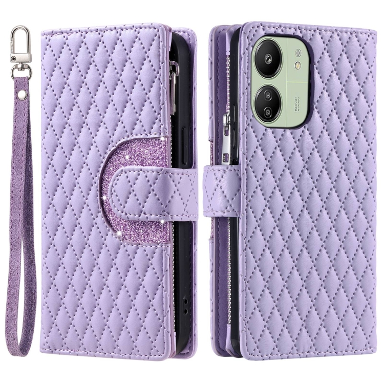 

For Xiaomi Redmi 13C 4G/5G Glitter Lattice Zipper Wallet Leather Phone Case(Purple)