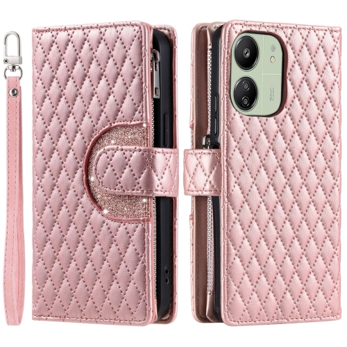 

For Xiaomi Redmi 13R Glitter Lattice Zipper Wallet Leather Phone Case(Rose Gold)