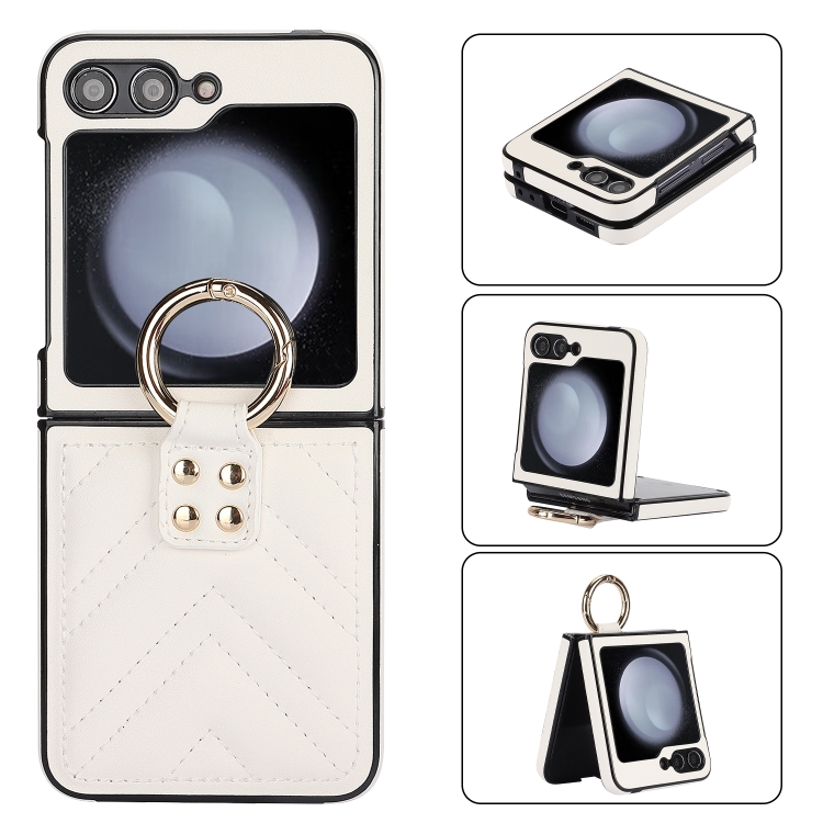 

For Samsung Galaxy Z Flip6 V-shaped PU Hybrid TPU Ring Holder Phone Case(White)
