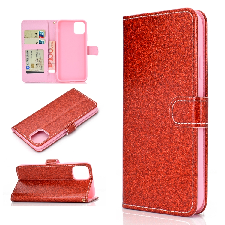 

For iPhone 12 / 12 Pro Glitter Powder Horizontal Flip Leather Case with Card Slots & Holder & Photo Frame & Wallet & Lanyard(Red)