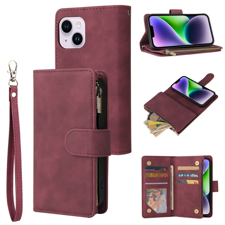

For iPhone 15 Plus Multifunctional Multi-Card Wallet Phone Leather Case(Wine Red)