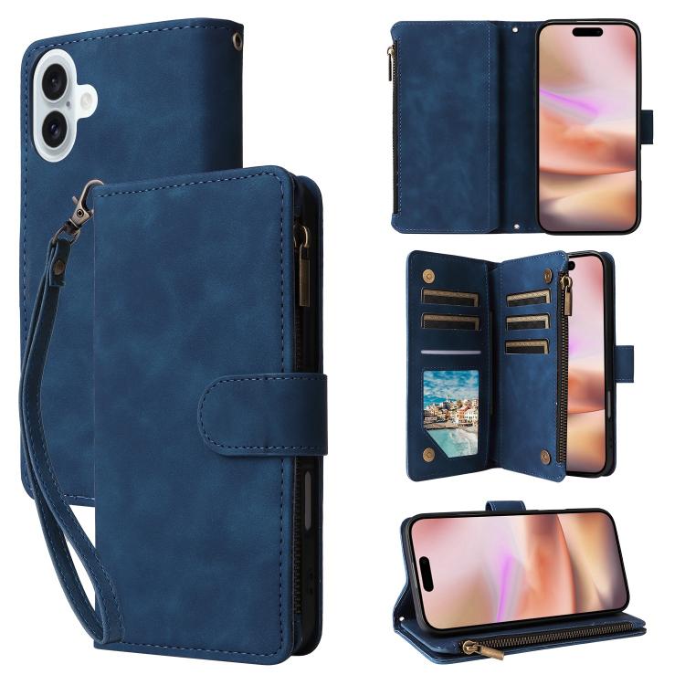 

For iPhone 16 Plus Multifunctional Multi-Card Wallet Phone Leather Case(Blue)