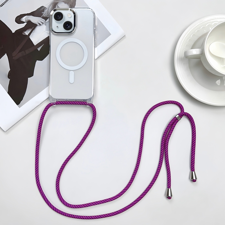 

For iPhone 15 Plus MagSafe Magnetic PC + TPU Phone Case with Lanyard(Rose Purple)