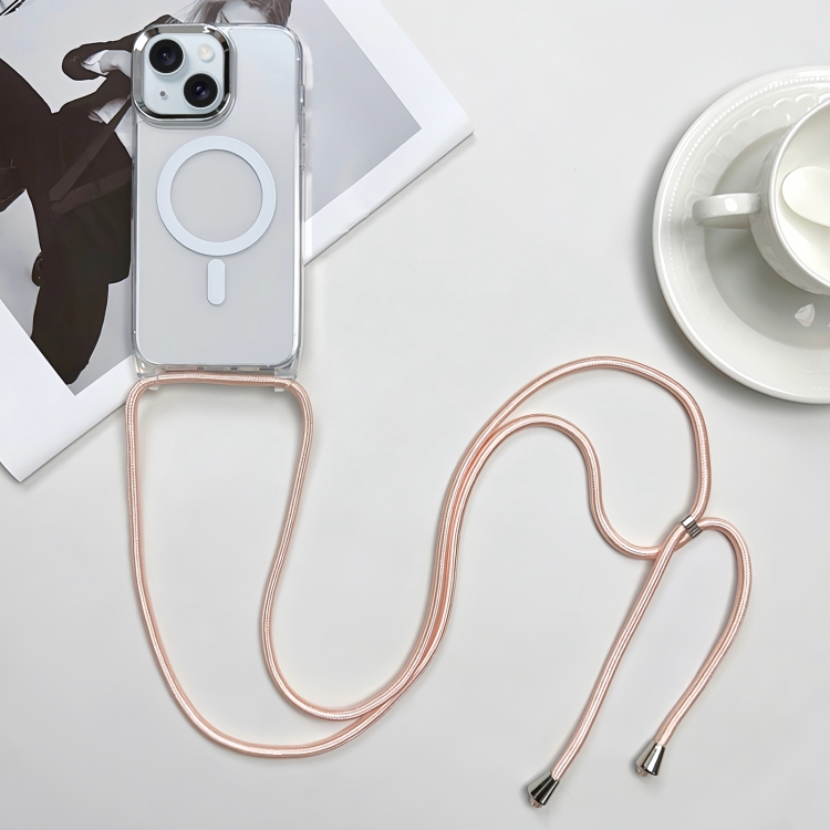 

For iPhone 15 Plus MagSafe Magnetic PC + TPU Phone Case with Lanyard(Pink Gold)