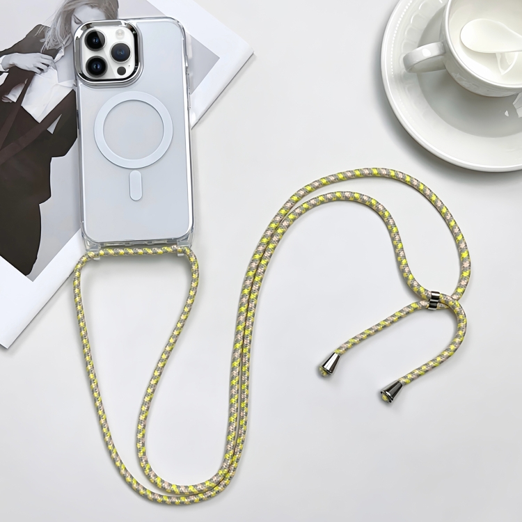 

For iPhone 14 Pro MagSafe Magnetic PC + TPU Phone Case with Lanyard(Yellow Pink Grey)