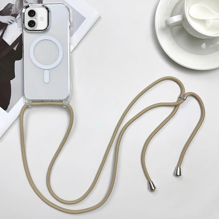 

For iPhone 16 Plus MagSafe Magnetic PC + TPU Phone Case with Lanyard(Khaki)