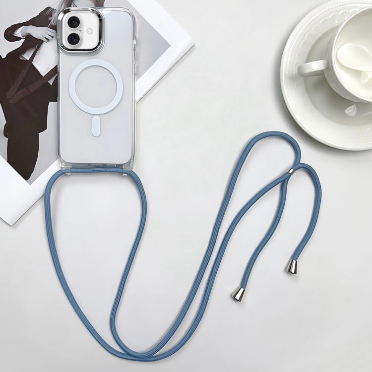 For iPhone 16 MagSafe Magnetic PC + TPU Phone Case with Lanyard(Grey Blue)