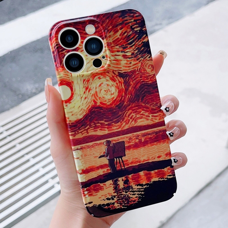 

For iPhone 15 Pro Max Precise Hole Oil Painting Pattern PC Phone Case(Sunset)