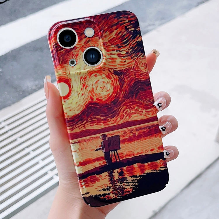 

For iPhone 15 Precise Hole Oil Painting Pattern PC Phone Case(Sunset)