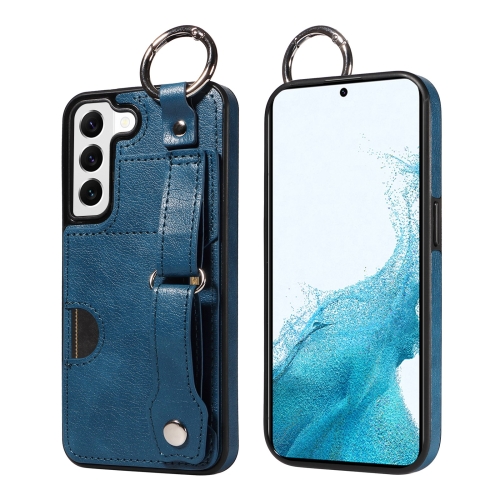 

For Samsung Galaxy S22 5G Calf Texture Wrist Card Slot Ring Phone Case(Blue)