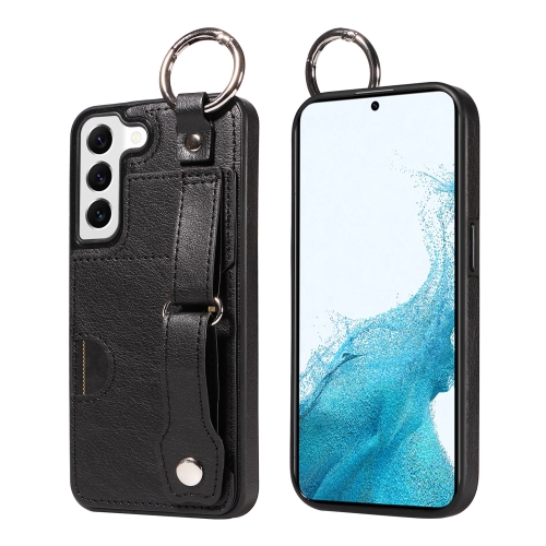 

For Samsung Galaxy S22 5G Calf Texture Wrist Card Slot Ring Phone Case(Black)
