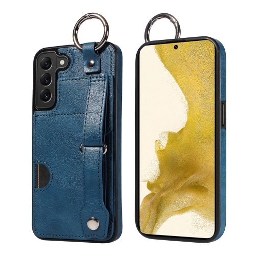 

For Samsung Galaxy S22+ 5G Calf Texture Wrist Card Slot Ring Phone Case(Blue)