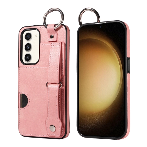 

For Samsung Galaxy S23 5G Calf Texture Wrist Card Slot Ring Phone Case(Pink)