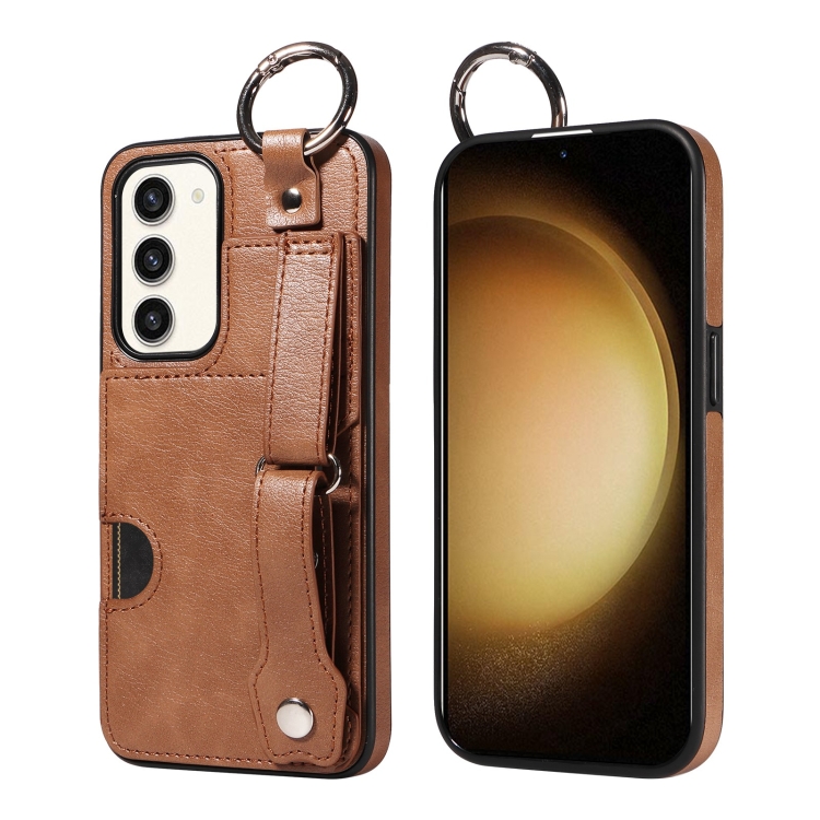 

For Samsung Galaxy S23 5G Calf Texture Wrist Card Slot Ring Phone Case(Brown)