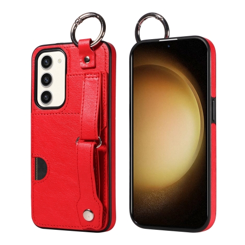 

For Samsung Galaxy S23 5G Calf Texture Wrist Card Slot Ring Phone Case(Red)