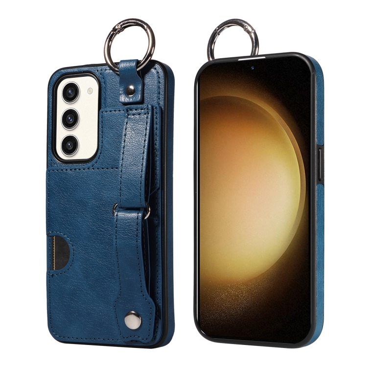 

For Samsung Galaxy S23 5G Calf Texture Wrist Card Slot Ring Phone Case(Blue)