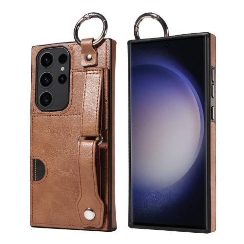 

For Samsung Galaxy S23 Ultra 5G Calf Texture Wrist Card Slot Ring Phone Case(Brown)