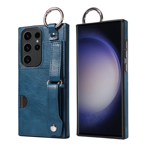 

For Samsung Galaxy S23 Ultra 5G Calf Texture Wrist Card Slot Ring Phone Case(Blue)