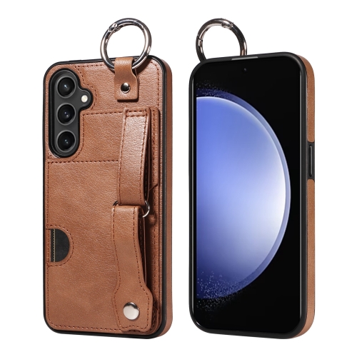 

For Samsung Galaxy S23 FE 5G Calf Texture Wrist Card Slot Ring Phone Case(Brown)