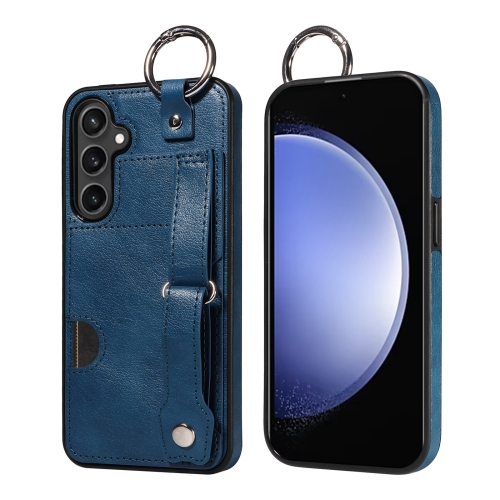 

For Samsung Galaxy S23 FE 5G Calf Texture Wrist Card Slot Ring Phone Case(Blue)
