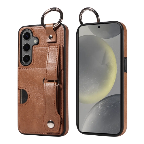 

For Samsung Galaxy S24+ 5G Calf Texture Wrist Card Slot Ring Phone Case(Brown)