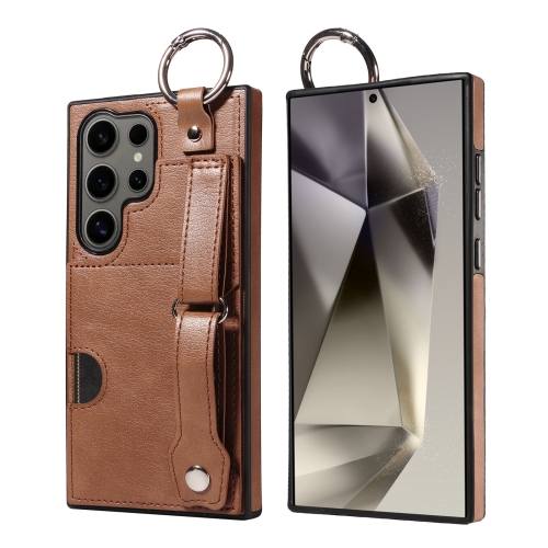 

For Samsung Galaxy S24 Ultra 5G Calf Texture Wrist Card Slot Ring Phone Case(Brown)