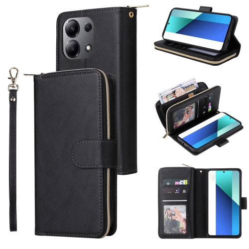 For Xiaomi Redmi Note 13 4G 9 Card Slots Zipper Wallet Bag Leather Phone Case(Black)