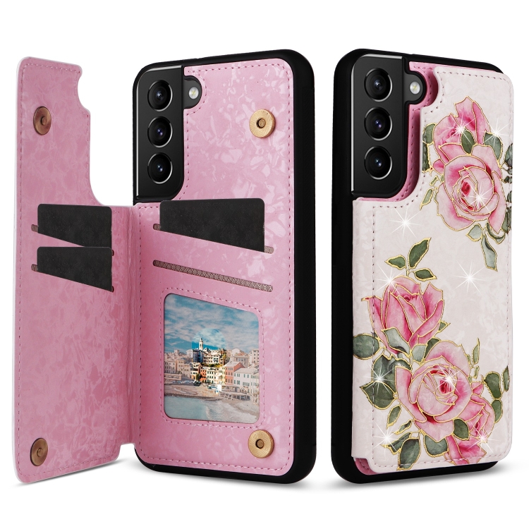 

For Samsung Galaxy S21+ 5G Printed Double Buckle RFID Anti-theft Phone Case(Rose)