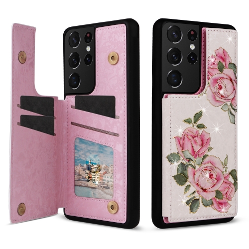 

For Samsung Galaxy S21 Ultra 5G Printed Double Buckle RFID Anti-theft Phone Case(Rose)