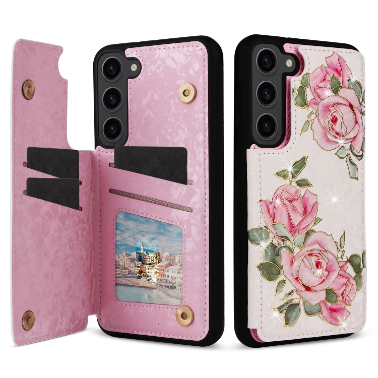 

For Samsung Galaxy S23+ 5G Printed Double Buckle RFID Anti-theft Phone Case(Rose)
