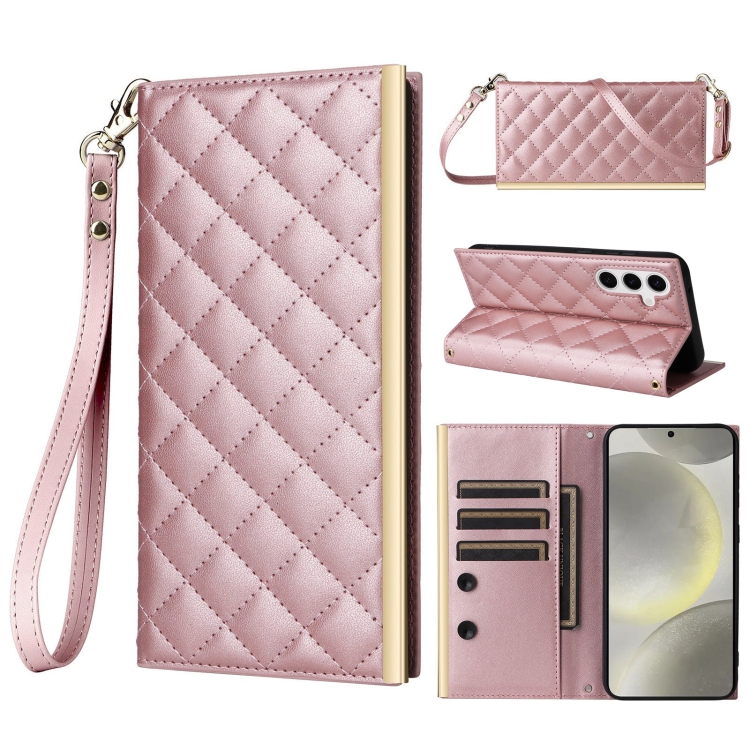 

For Samsung Galaxy S24 / S25 5G Crossbody Rhombic Sucker Leather Phone Case(Rose Gold)