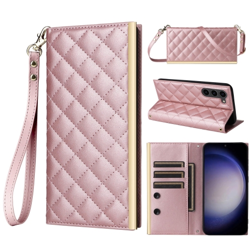 

For Samsung Galaxy S23+ 5G Crossbody Rhombic Sucker Leather Phone Case(Rose Gold)