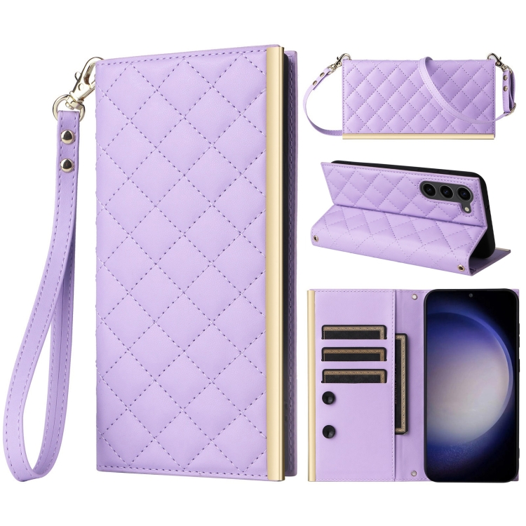 

For Samsung Galaxy S23+ 5G Crossbody Rhombic Sucker Leather Phone Case(Purple)
