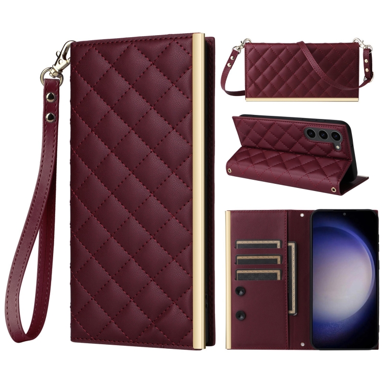 

For Samsung Galaxy S23 5G Crossbody Rhombic Sucker Leather Phone Case(Claret)