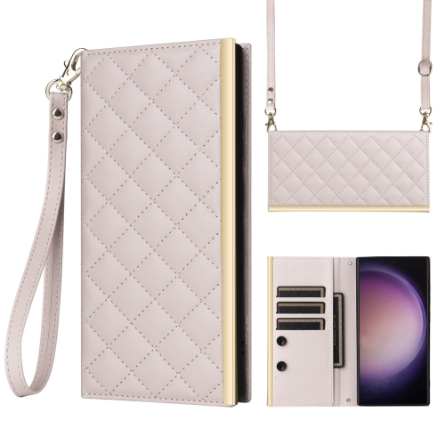 

For Samsung Galaxy S23 Ultra 5G Crossbody Rhombic Sucker Leather Phone Case(White)