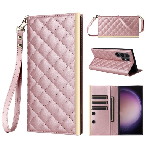 

For Samsung Galaxy S23 Ultra 5G Crossbody Rhombic Sucker Leather Phone Case(Rose Gold)