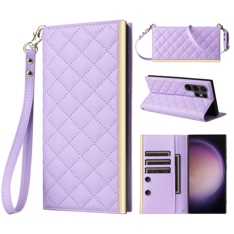 

For Samsung Galaxy S23 Ultra 5G Crossbody Rhombic Sucker Leather Phone Case(Purple)