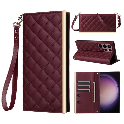 

For Samsung Galaxy S22 Ultra 5G Crossbody Rhombic Sucker Leather Phone Case(Claret)