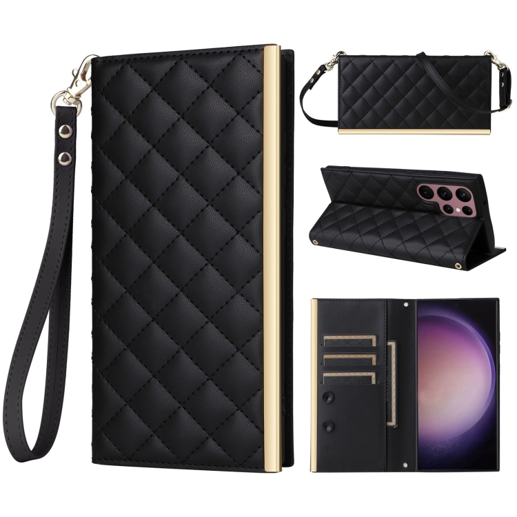 

For Samsung Galaxy S22 Ultra 5G Crossbody Rhombic Sucker Leather Phone Case(Black)
