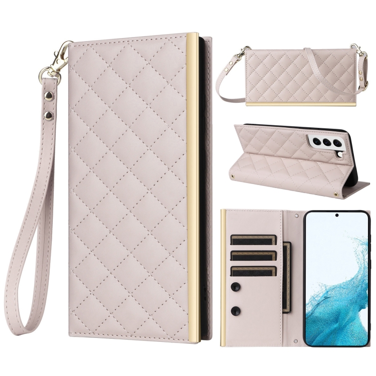 

For Samsung Galaxy S22 5G Crossbody Rhombic Sucker Leather Phone Case(White)